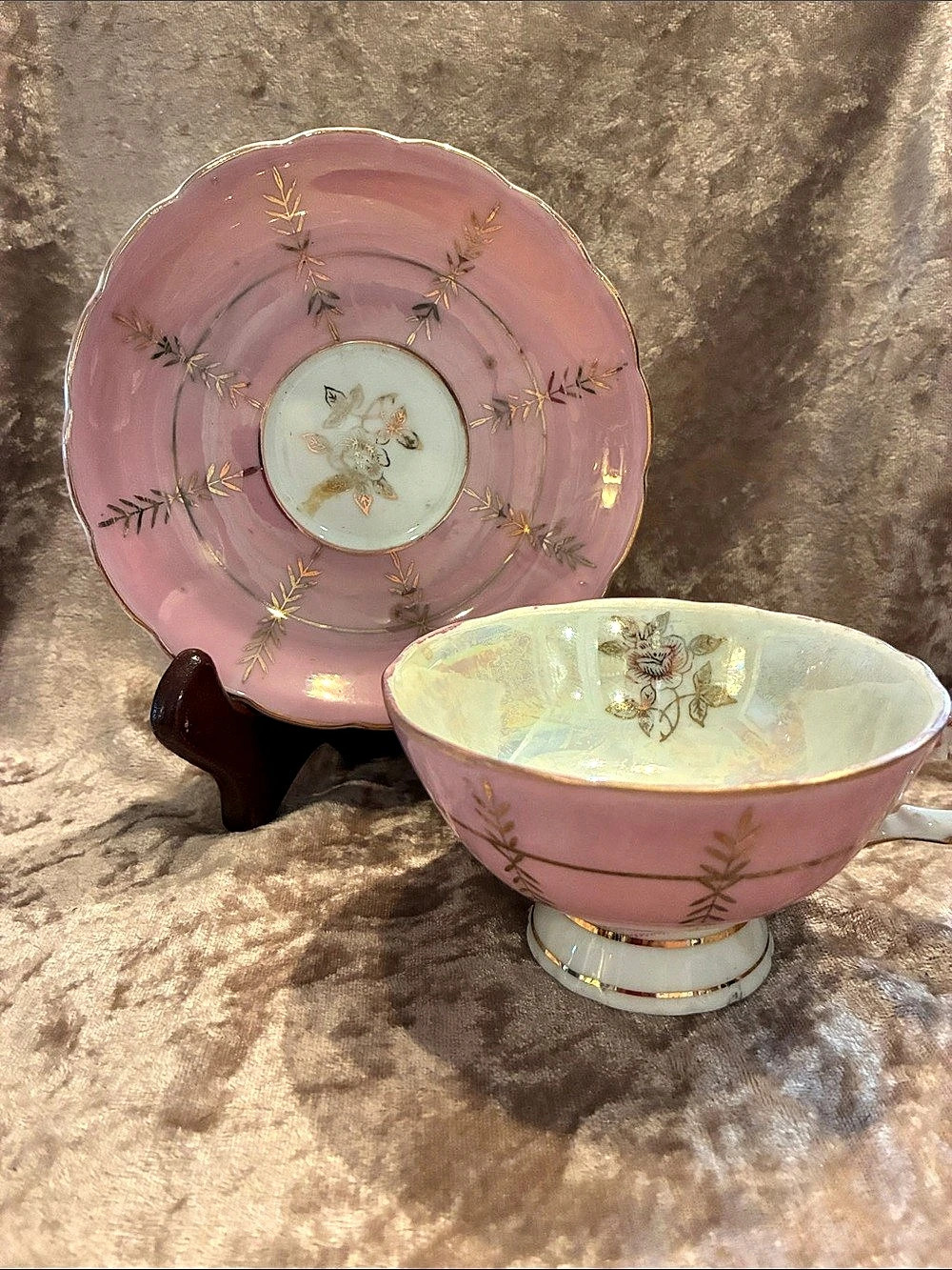 Pink & White Iridescent Teacup & Saucer Set